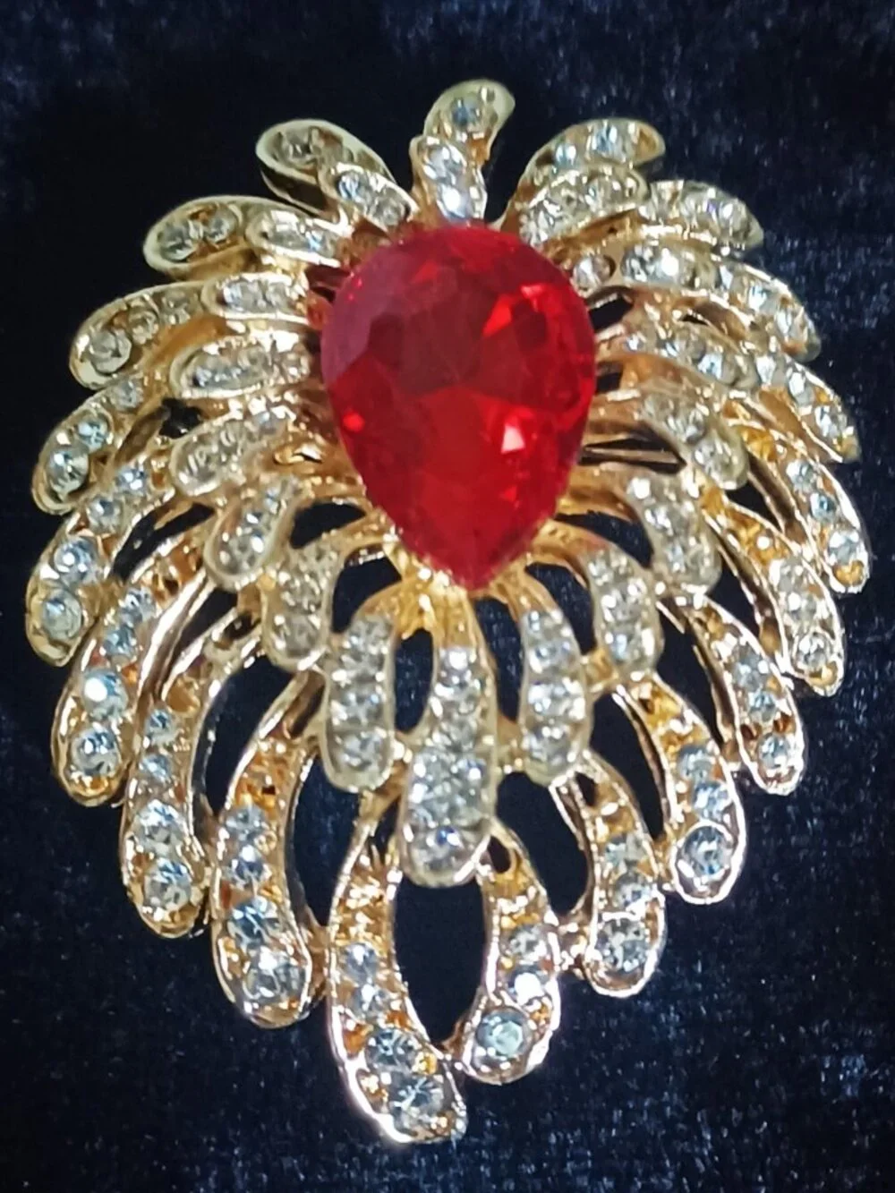 Elegant Red, and Clear Rhinestone Brooch